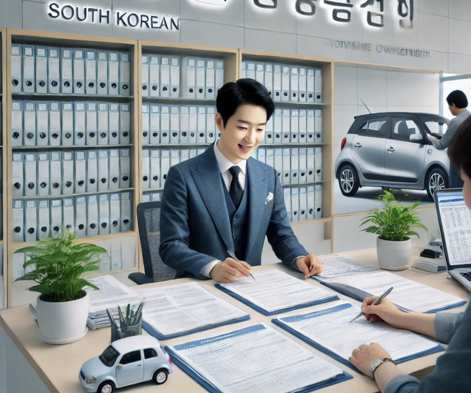 행정 센터에서 차량 소유 기록을 확인하는 고객과 직원의 모습