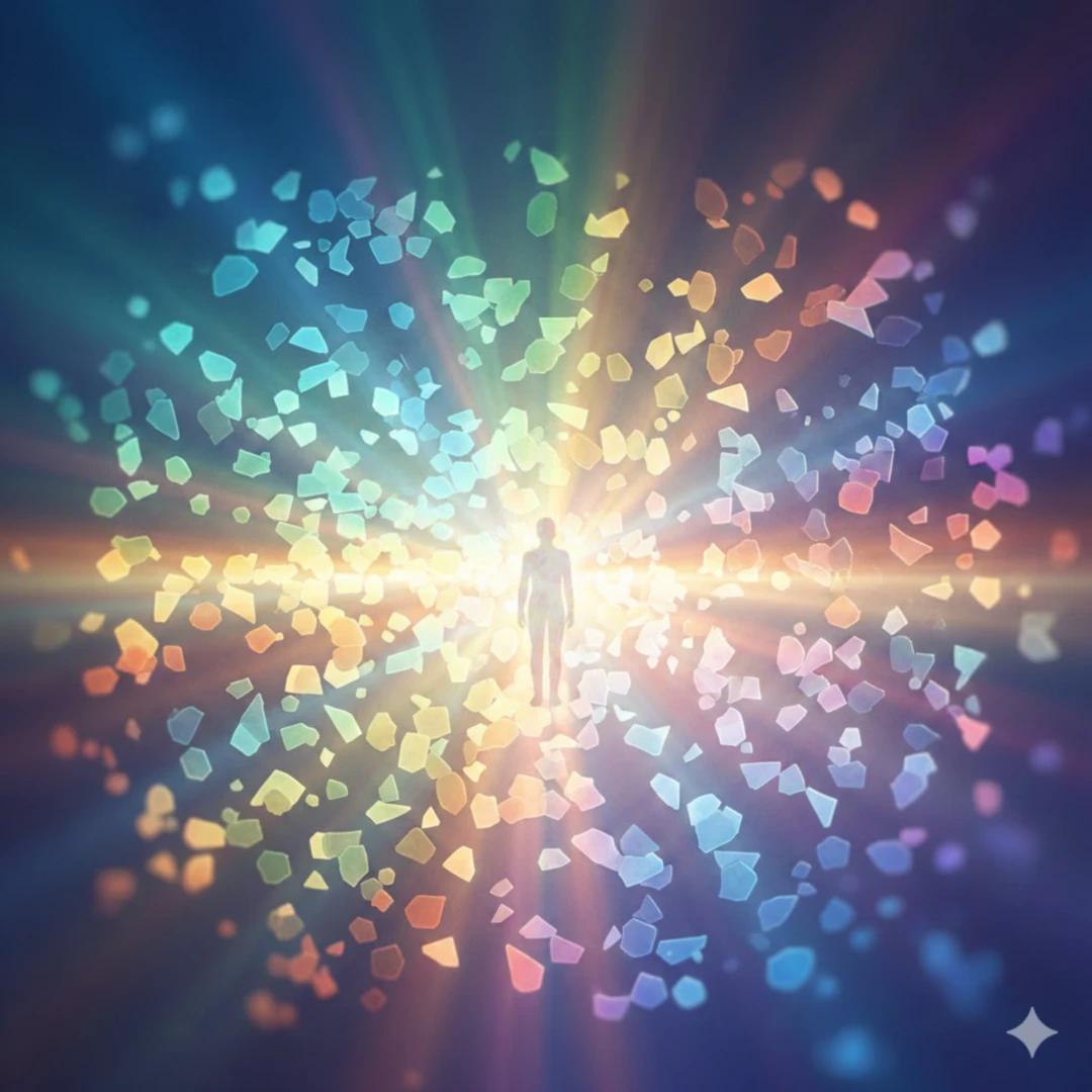 빛으로 표현된 다양한 색상의 조각들이 서로 연결되며 하나의 밝은 그림을 이루는 추상적인 이미지입니다. 중앙에는 은은하게 빛나는 인물의 실루엣이 있고&amp;#44; 그 주변으로 따뜻한 색상의 빛줄기들이 퍼져나가며 외부와 조화롭게 연결되는 느낌을 줍니다. 전체적으로 희망적이고 따뜻한 분위기를 연출합니다. 