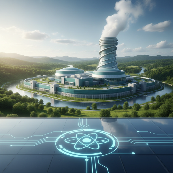 깨끗하고 현대적인 디자인의 원자력 발전소가 푸른 자연 속에 자리 잡고 있으며, 안전과 진흥을 상징하는 추상적인 에너지 심볼이 강조된 모습. 밝고 희망찬 미래 에너지를 표현.