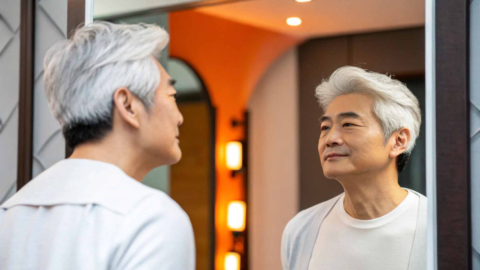 50대 남성이 거울 앞에서 자신의 흰색머리카락을 보고 있는 이미지