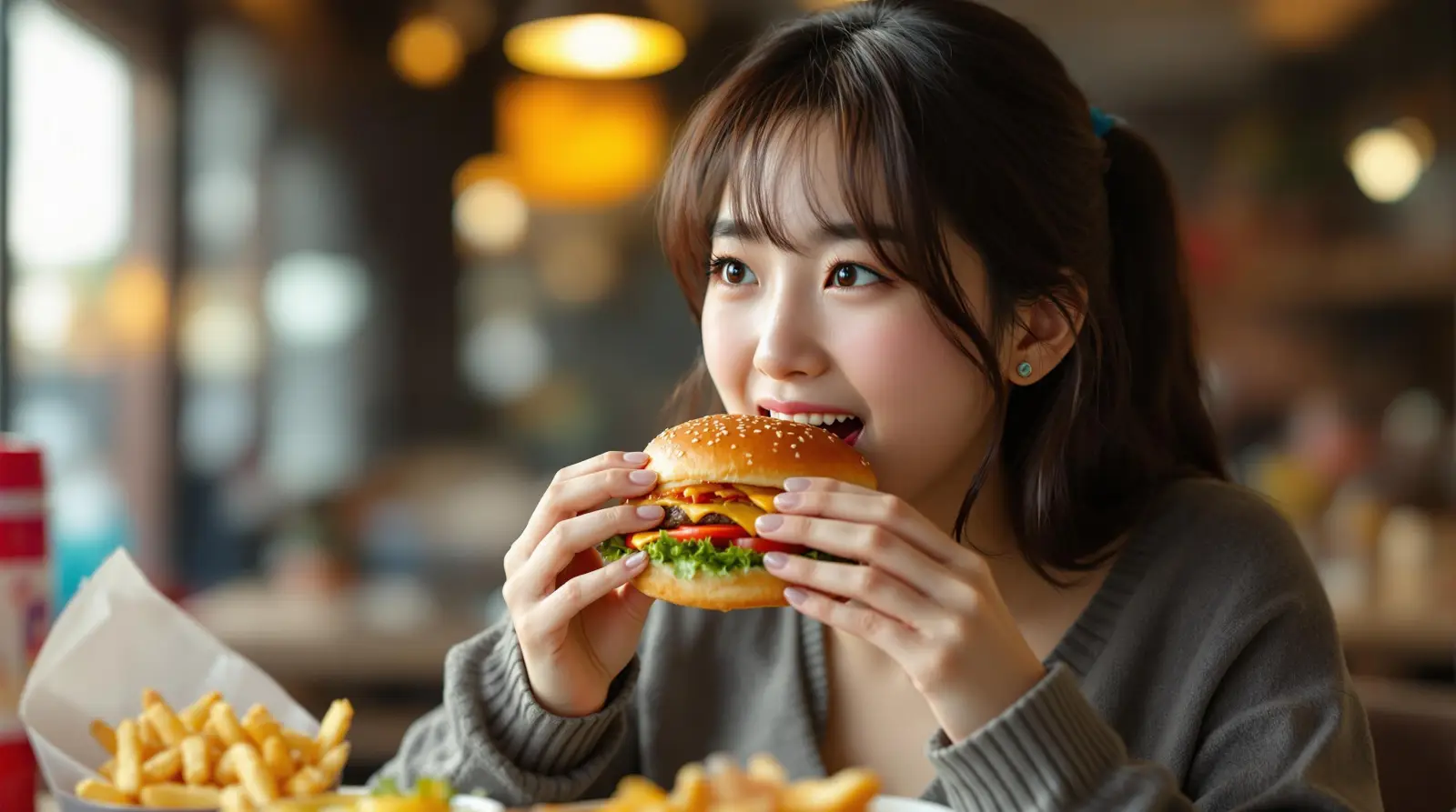 햄버거를 먹는 여성
