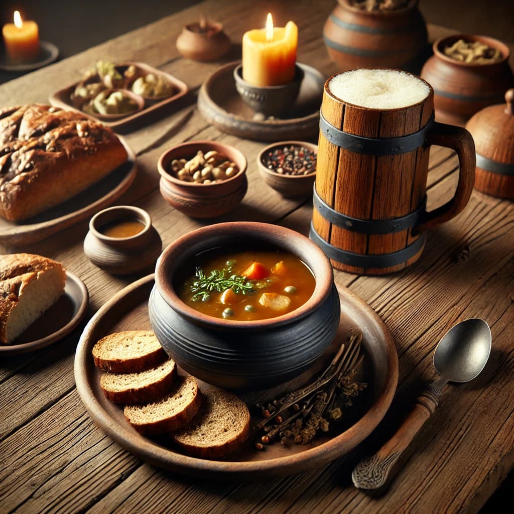 중세 유럽 대표적 식사인 포타주,트렌치어, 피에 맥주가 있는 식탁