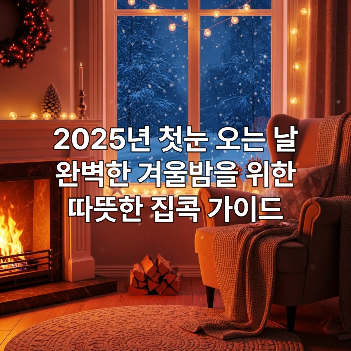 창밖으로 첫눈이 소복하게 내리는 따뜻하고 아늑한 거실 풍경. 벽난로, 포근한 담요, 핫초코가 놓인 테이블이 보이는 낭만적인 겨울밤 이미지.