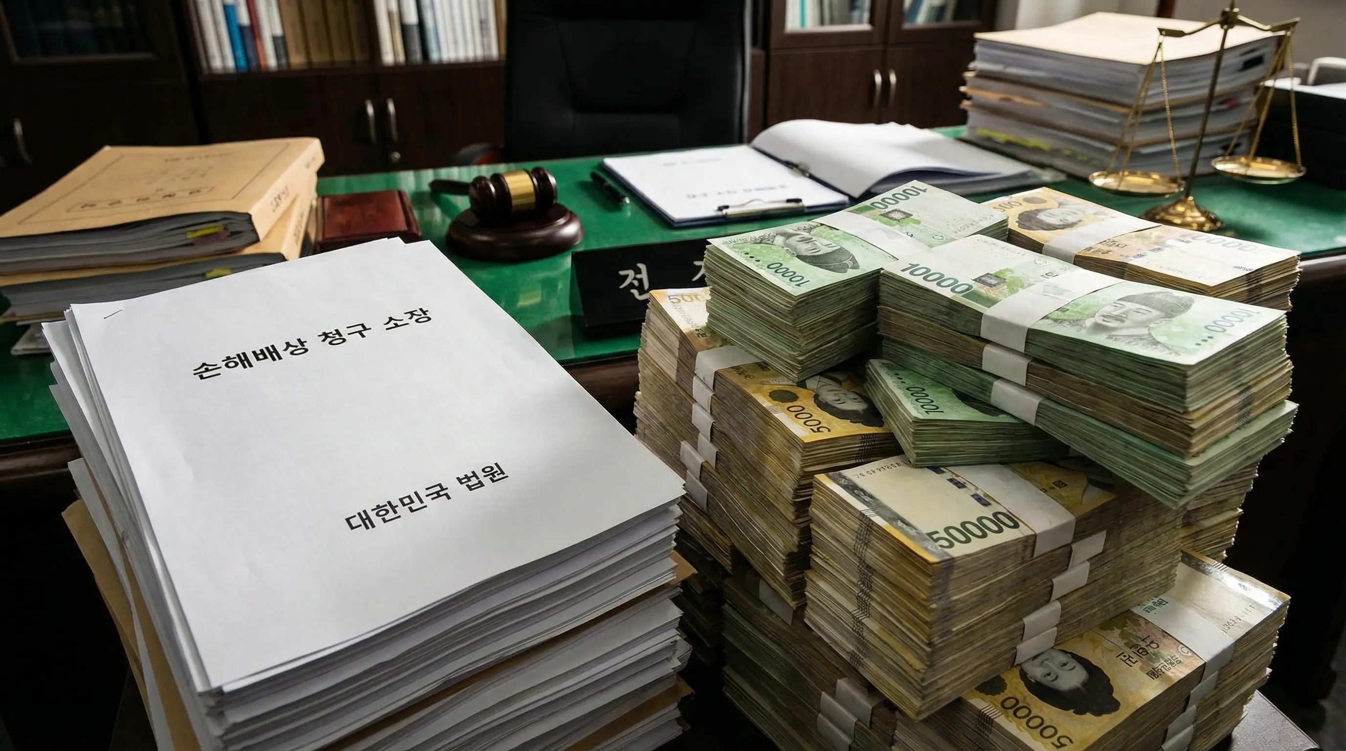 손해배상 소송 서류와 돈다발을 상징하는 이미지