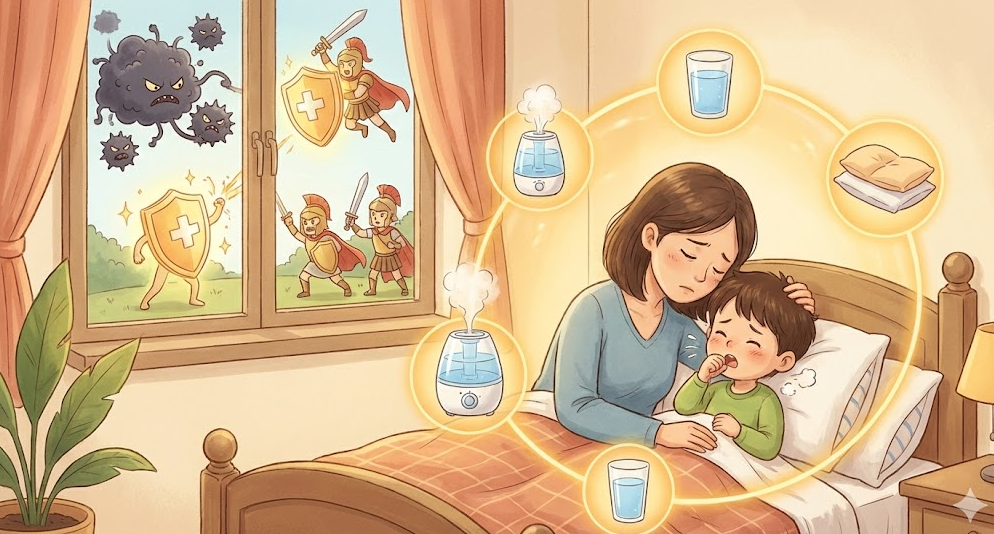 백일해 가정 케어 상징 이미지, 아이를 돌보는 보호자와 습도·수분·수면 환경 관리 요소를 시각적으로 표현한 일러스트