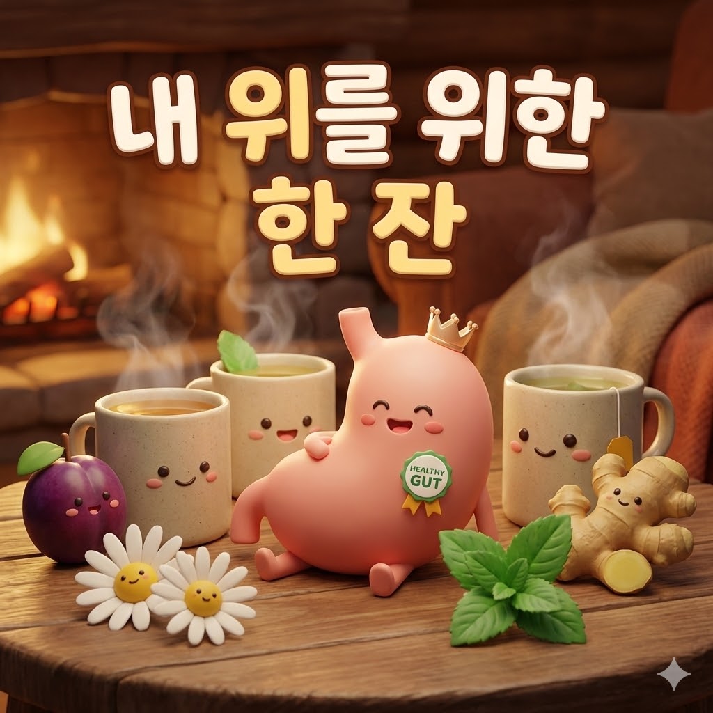 따뜻한 차와 행복한 위 캐릭터, 매실, 생강, 캐모마일 그림이 있는 이미지. 내 위를 위한 한 잔 문구가 적혀있어 위 건강에 좋은 차를 보여줍니다.