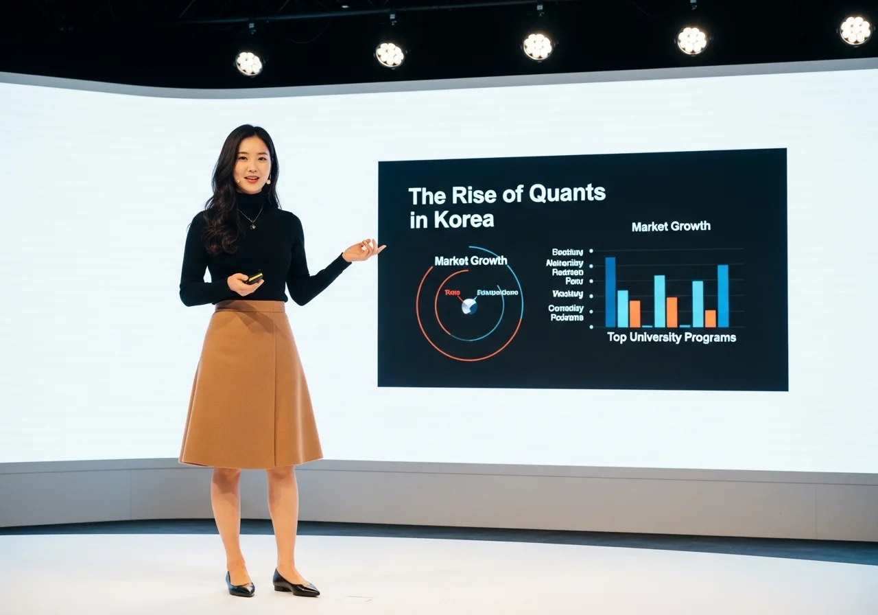 모던한 미디어 갤러리에서 세련된 복장의 젊은 한국인 여성이, 'The Rise of Quants in Korea'라는 제목의 데이터 시각화 자료를 배경으로 자신감 있게 설명하고 있다