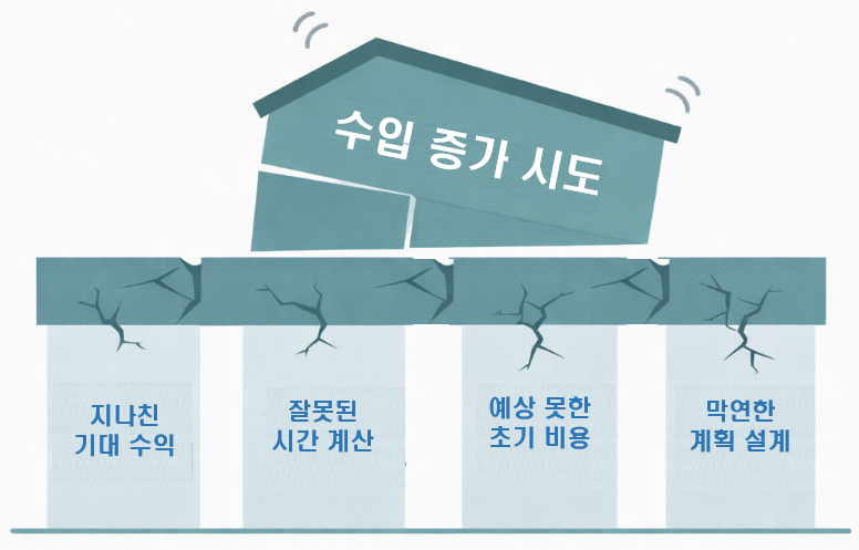 수입 증가 시도를 무너뜨리는 4가지 접근 문제 구조도