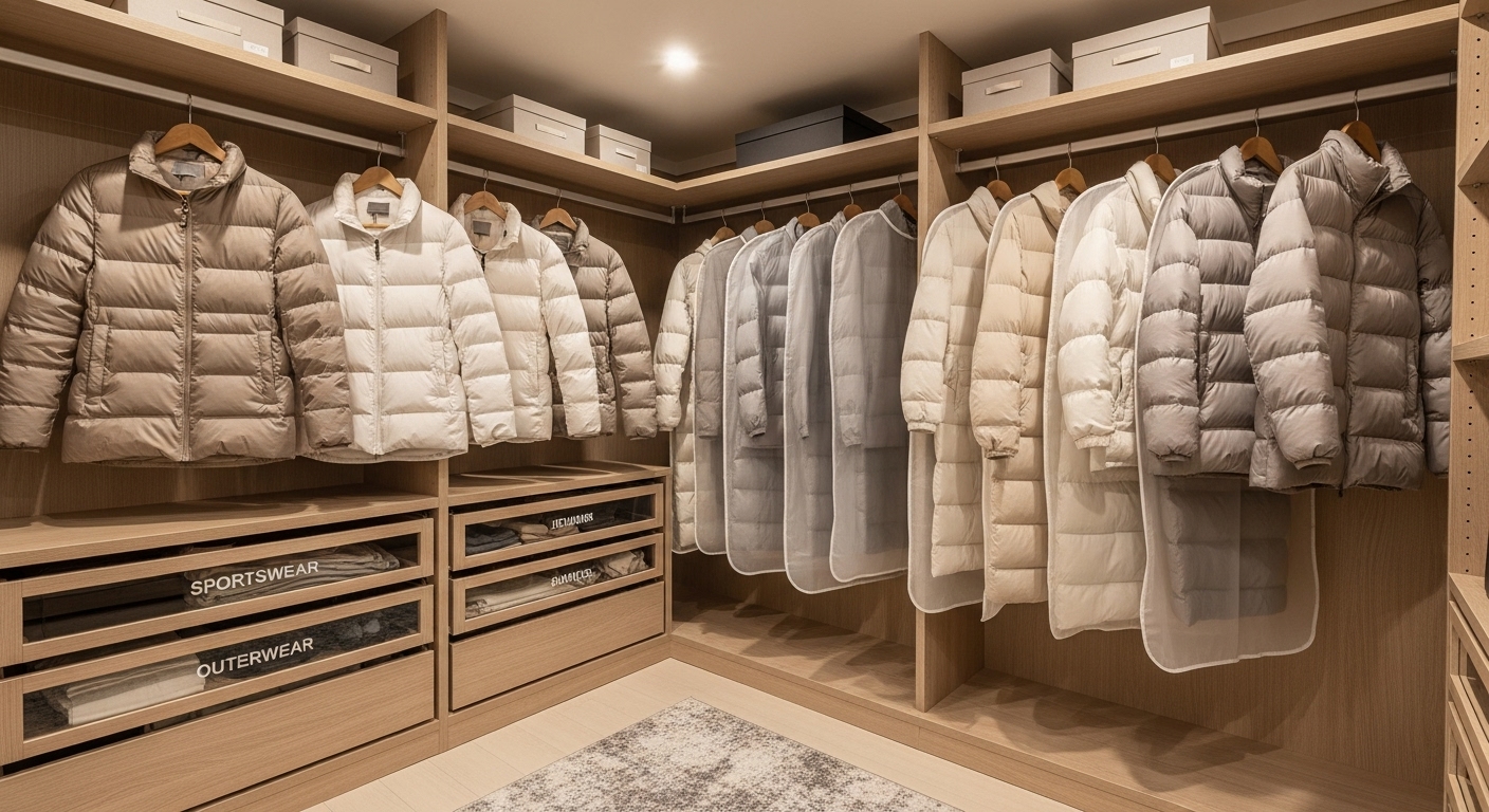 깔끔하게 정리되어 보관된 경량패딩들