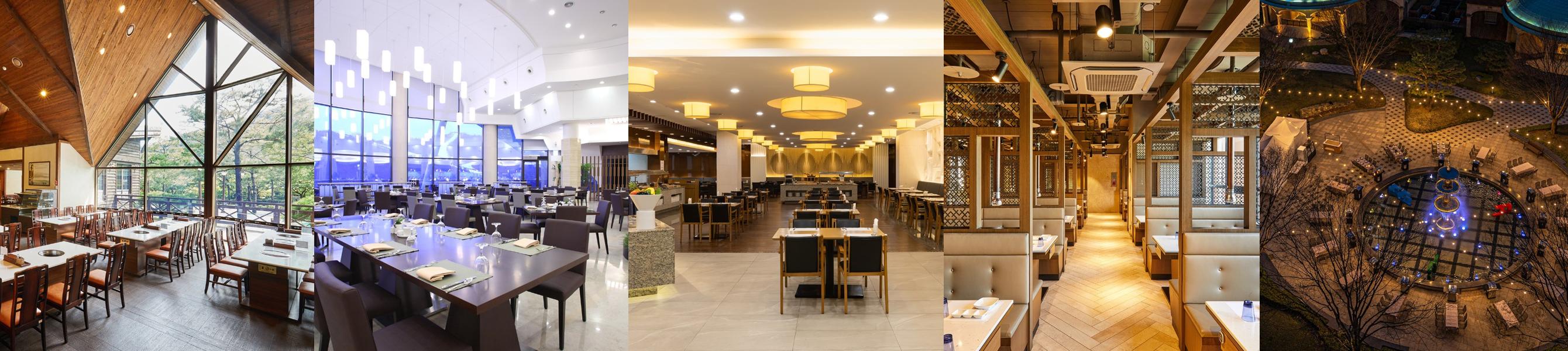 소노펠리체 비발디파크 내 한식 구이 전문점 '식객' 내부 모습. 원목 천장과 삼각 대형 창이 인상적인 전통미 가득한 공간.