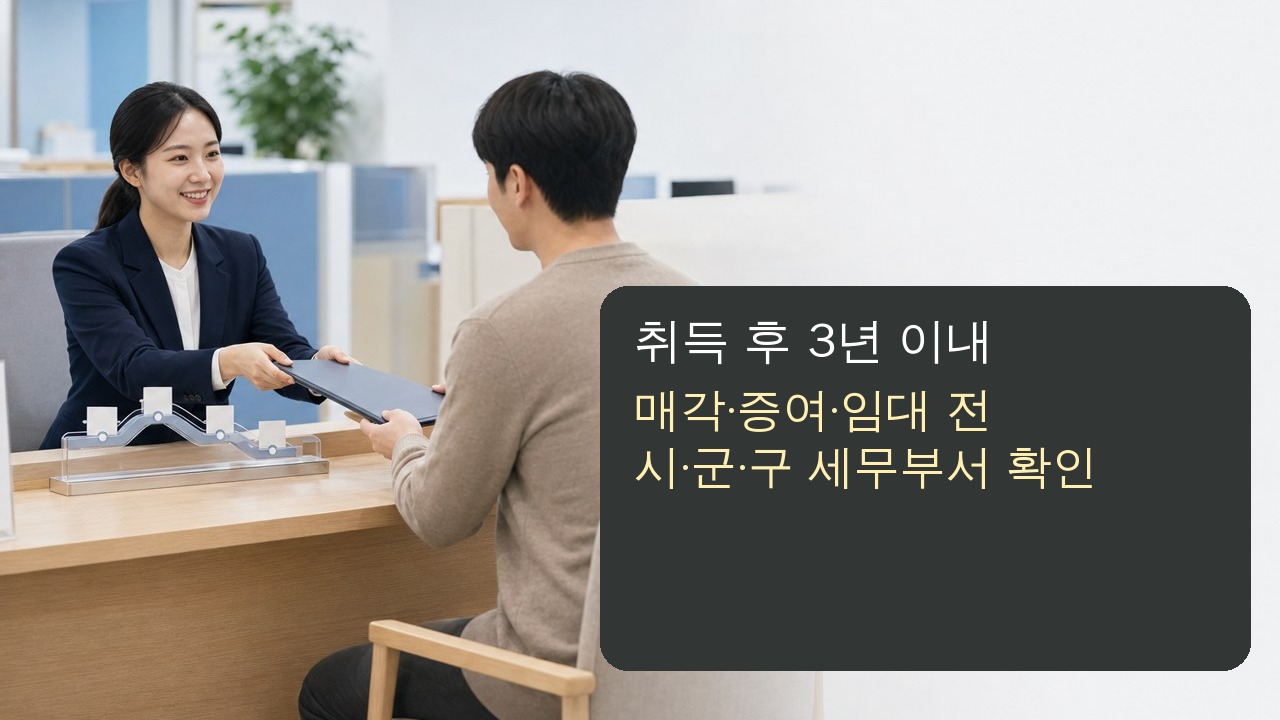 취득세 감면 신청서와 3년 추징 일정을 관할 세무부서에서 확인하는 이미지