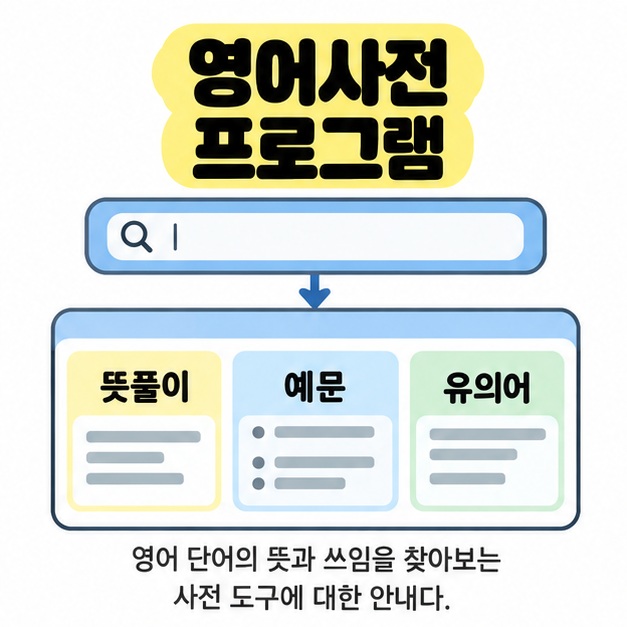 영어사전 프로그램 제목 아래 검색창과 뜻풀이, 예문, 유의어로 나뉜 검색 결과 영역을 보여주는 이미지