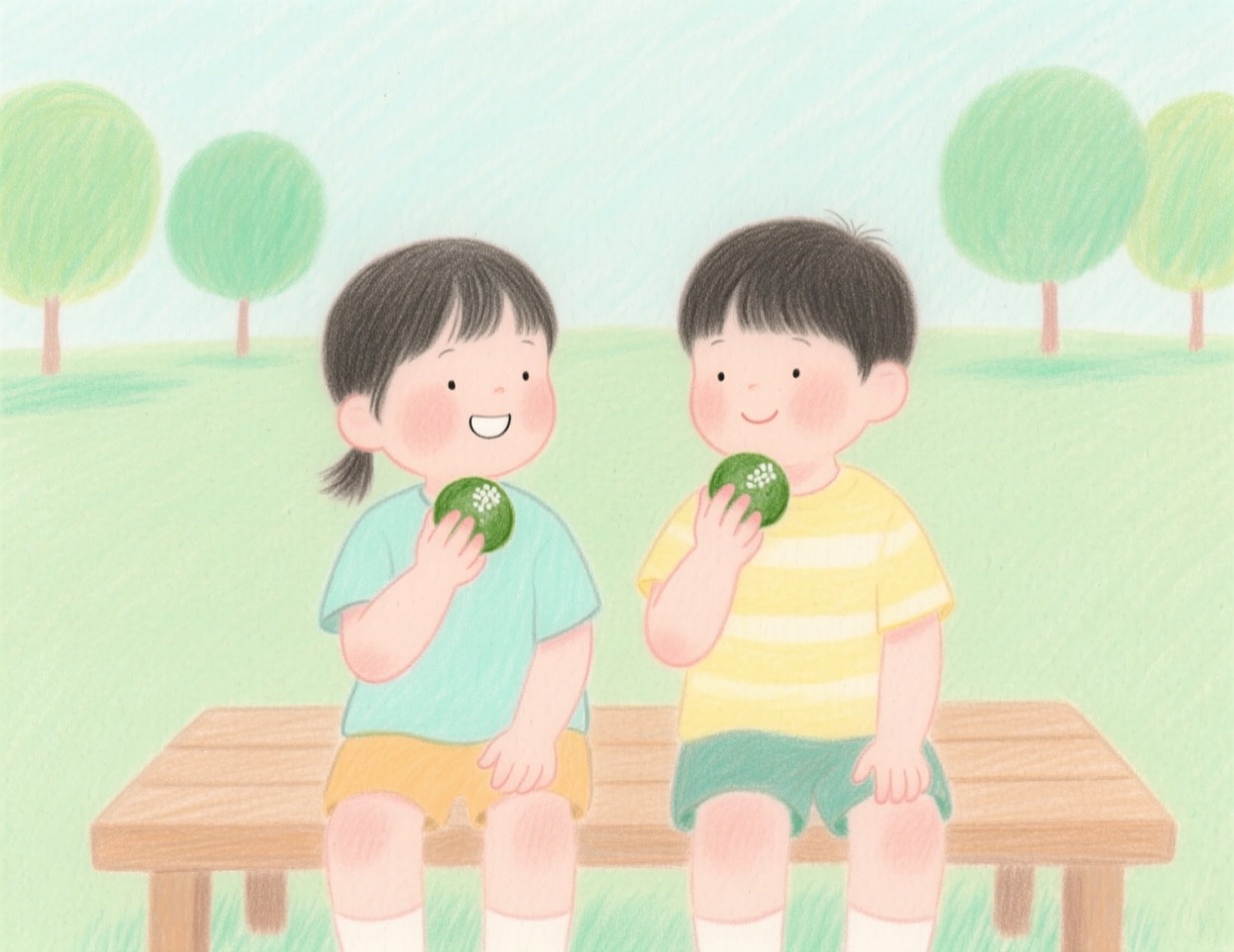 다판다 편의점 4 상상 장면, 벤치에 나란히 앉아 초록 쿠키를 하나씩 든 두 아이