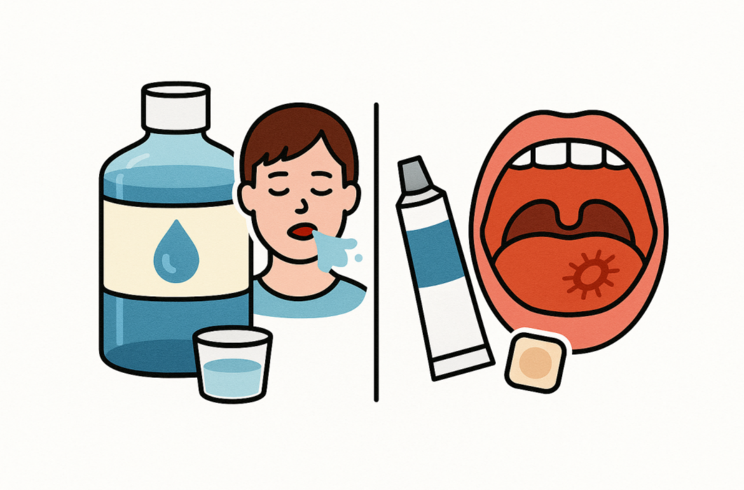 구강세정제와 가글 장면, 구내염 연고와 패치 사용법을 보여주는 구내염 관리법 인포그래픽