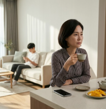 거실 창밖을 바라보며 자녀를 향한 신뢰와 단호함을 다짐하는 공무원 엄마