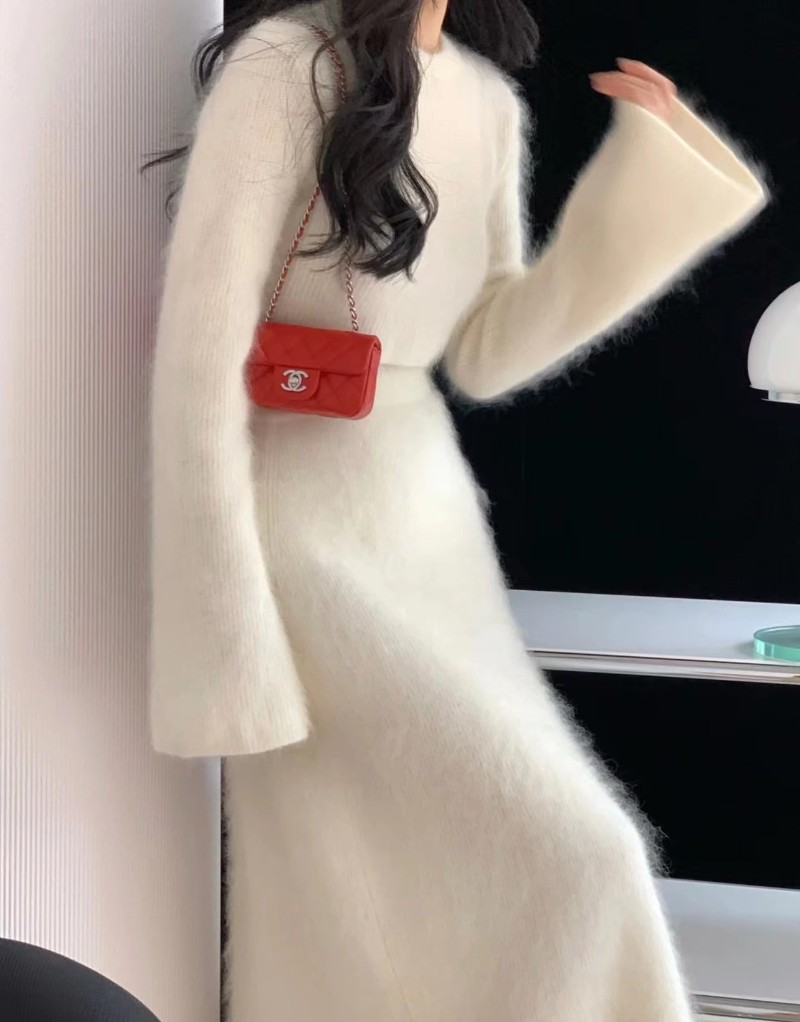 앙고라 투피스 니트 롱 스커트 스웨터 셋업 치마 흰색