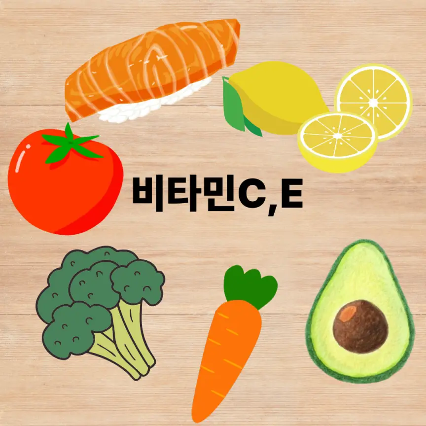 비타민 C, E가 풍부한 음식: 레몬,토마토,브로컬리,당근,아보카도,연어