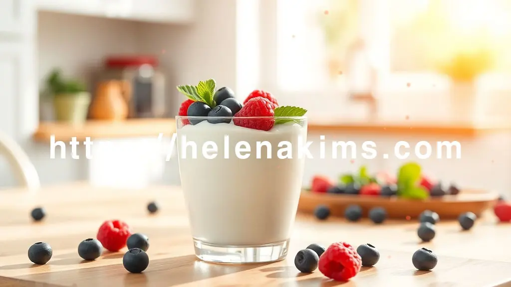 밝은 햇살이 스며드는 주방 테이블 위, 깨끗한 유리잔에 담긴 플레인 요거트. 요거트 위에는 싱싱한 베리류(블루베리, 산딸기)와 작은 민트 잎이 장식되어 있는 모습.