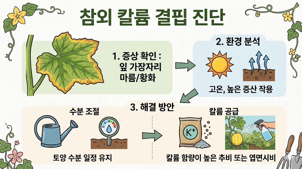참외 잎 가장자리 마름 현상인 칼륨 결핍의 원인과 조치 방법 도표