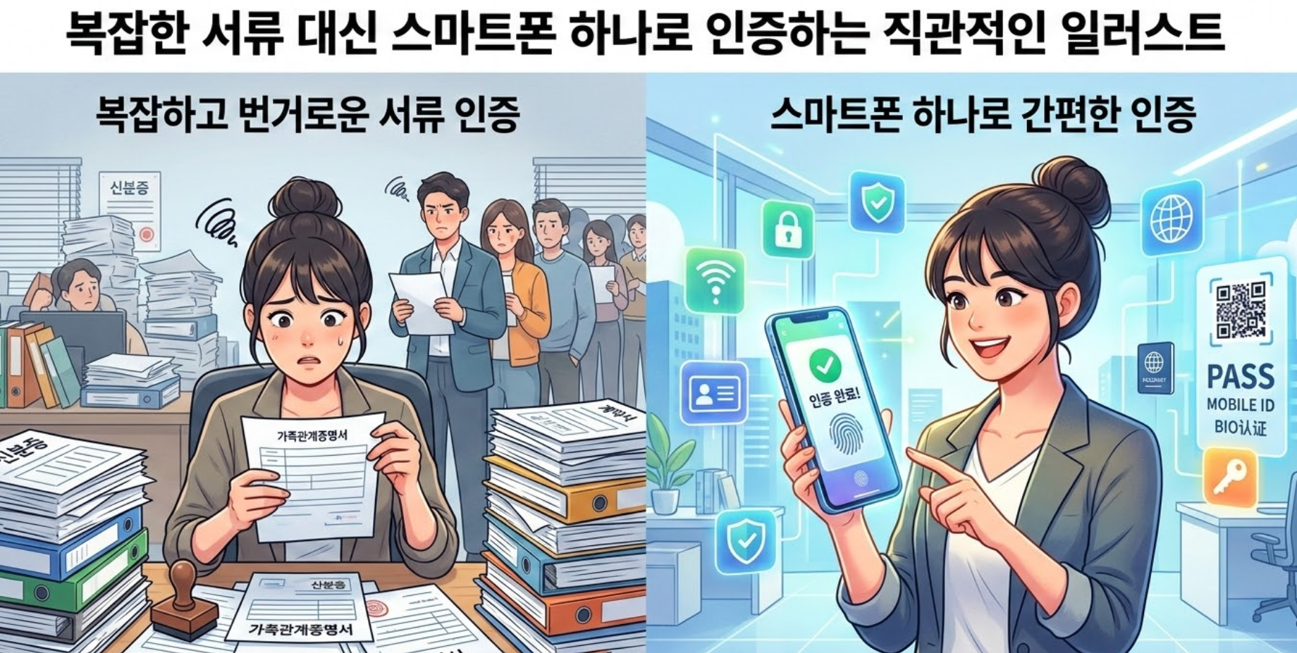 복잡한 서류 대신 스마트폰 하나로 인증하는 직관적인 일러스트나 금리 하락 그래프