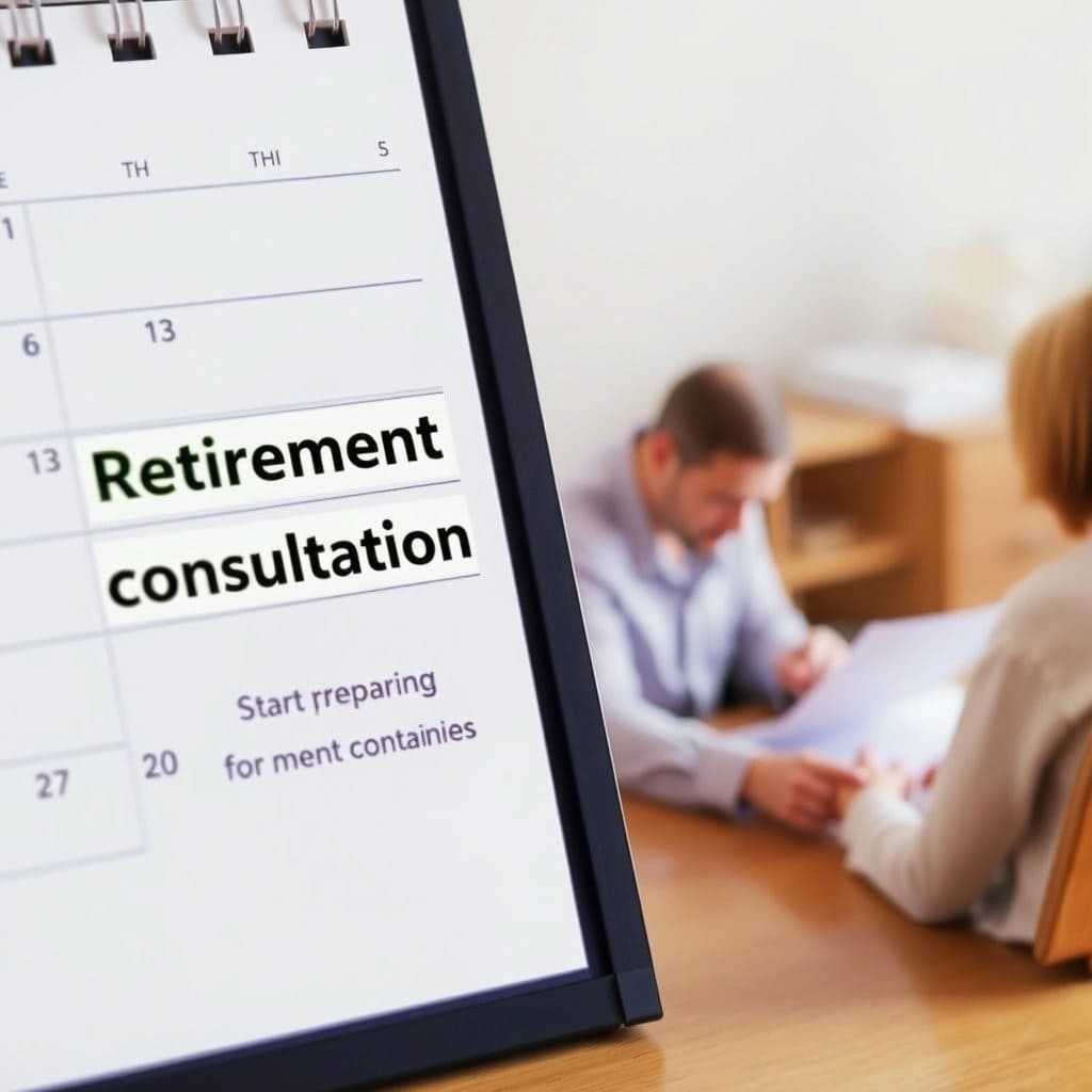 달력에 '퇴직연금 상담' 또는 '노후 준비 시작'이라고 표시된 날짜가 강조되어 있고, 그 옆에 전문가와 상담하거나 관련 서류를 작성하는 사람의 모습이 있습니다. 이는 독자들이 퇴직연금에 대한 관심을 행동으로 옮기도록 유도하는 메시지를 담고 있습니다.