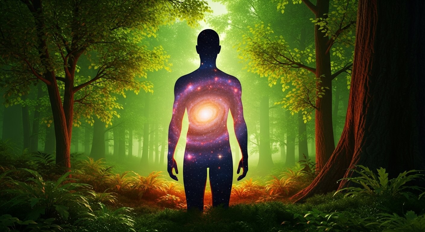 숲속에 사람의 실루엣이있고 몸에 우주가있는듯한 삽화