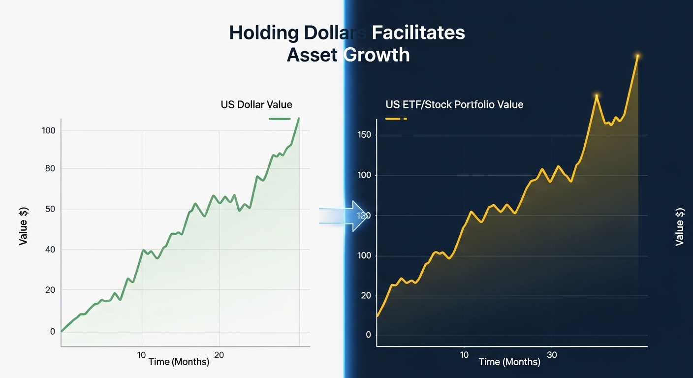 달러와 미국 ETF 그래프가 함께 상승하는 모습을 표현하는 이미지