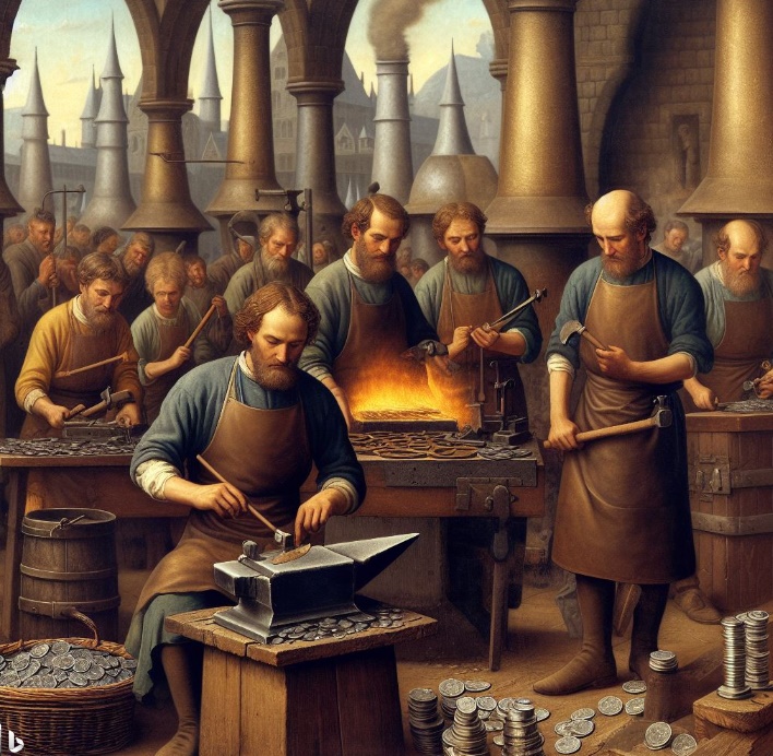 중세시대에 동전을 주조하는 모습(made by Bing)