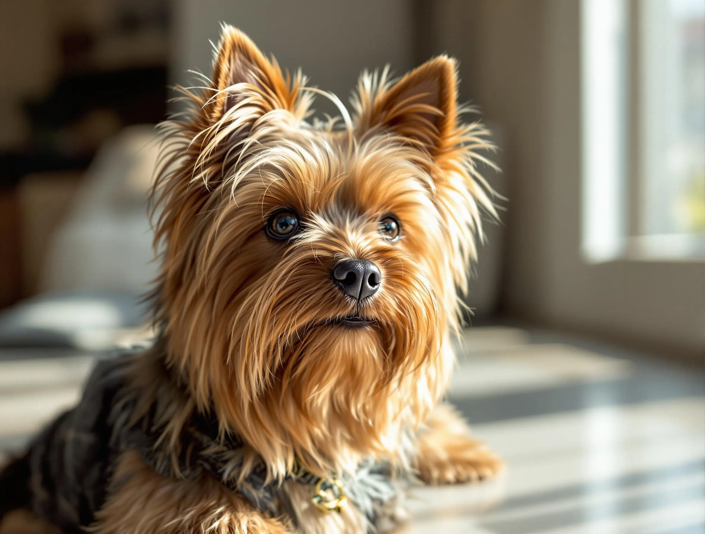 심장병을 가진 노령 요크셔 테리어가 창가에 누워 밝은 눈으로 응시하는 모습