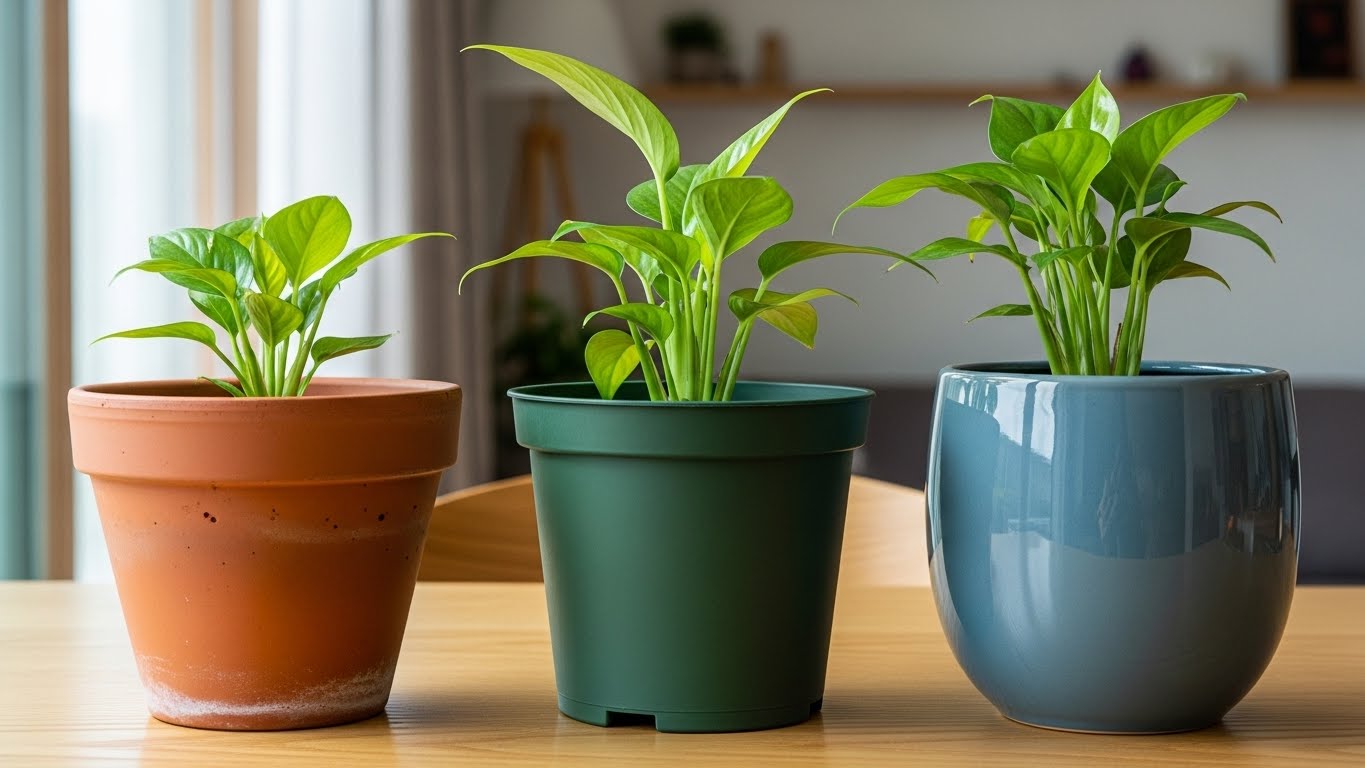 토분, 플라스틱, 세라믹 화분이 나란히 놓여 비교되는 모습