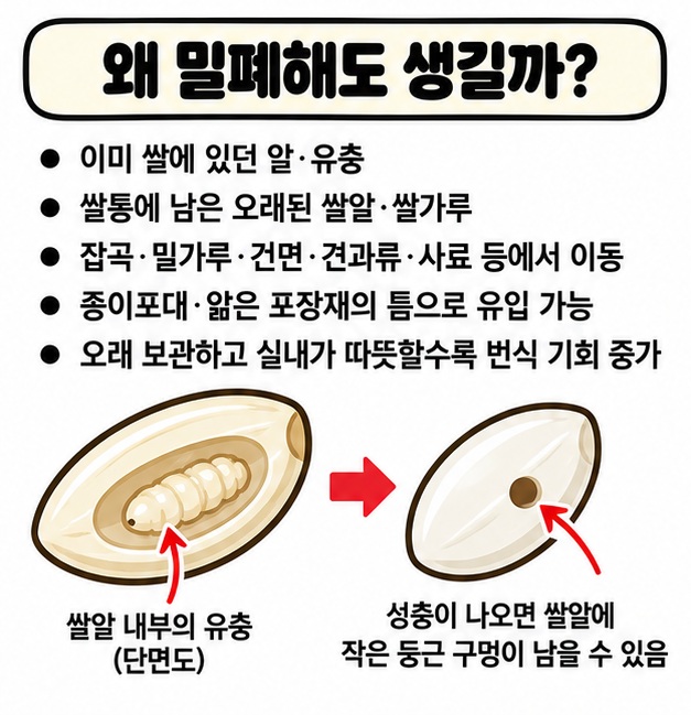 밀폐용기 안에서도 이미 쌀에 있던 알과 유충이 자라 성충으로 나올 수 있고 주변 건식 식품도 확인해야 한다는 카드