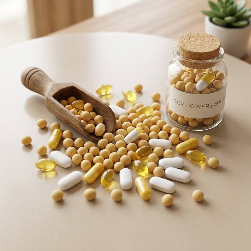 노란 콩과 알약 형태의 영양제가 깔끔하게 배치된 모습