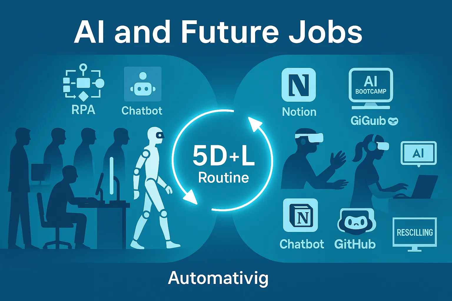 AI가 일자리를 지우고 다시 쓰는 시대 – 2035 생존을 위한 5D+L 직업 루틴 완전 분석 AI 미래직업 인포그래픽