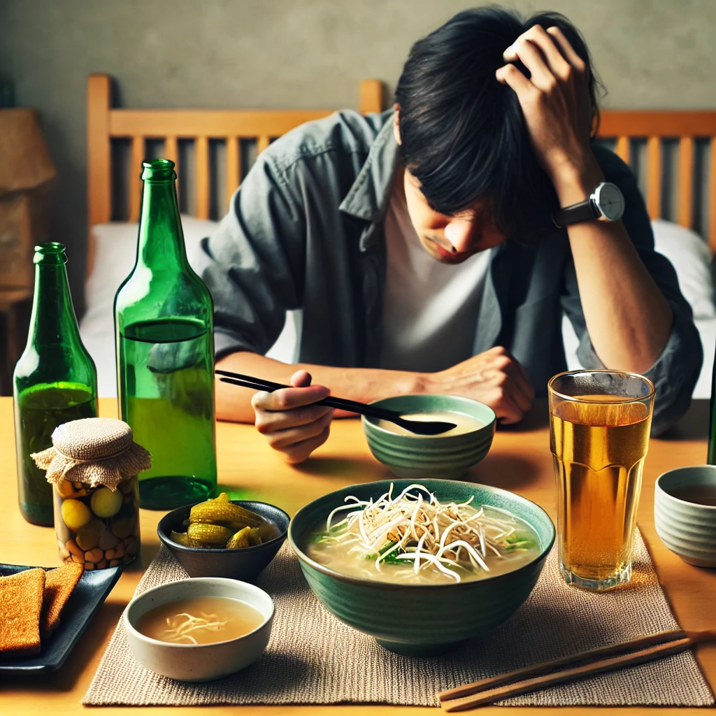 과음후 숙취로 힘들어하고 숙치해소 음식 먹는 모습