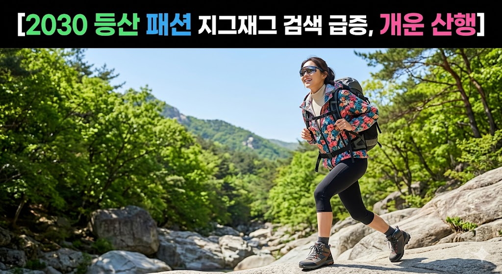 스타일리시한 2030 여성이 기능성 바람막이와 등산가방을 메고 산을 오르는 모습