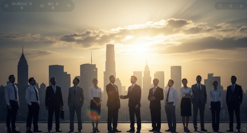 케이엠더블유 주가 전망 관련 이미지(회색빛 도심 너머로 밝고 따뜻한 아침 해가 떠오르는 풍경. 긴 침체기를 지나 새로운 희망을 맞이하는 투자자들의 마음을 담은 감성적인 사진)