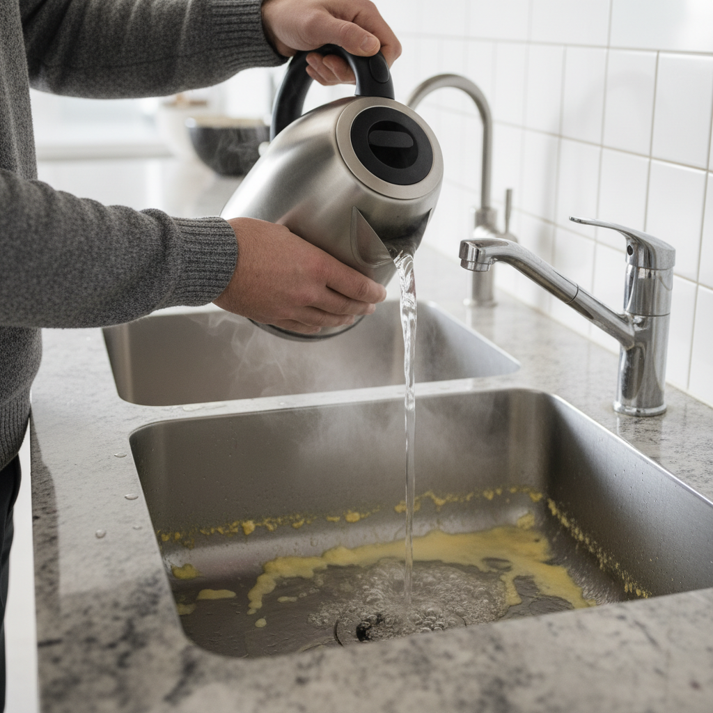 주방 배관의 기름때 제거와 살균을 위해 뜨거운 물을 붓는 관리 장면