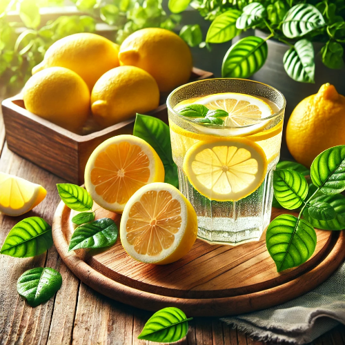 싱그러운 레몬 몇 개와 레몬 워터 한 잔이 나무 주방 테이블 위에 놓여 있으며, 주변에 초록 잎이 더해진 밝고 상쾌한 모습