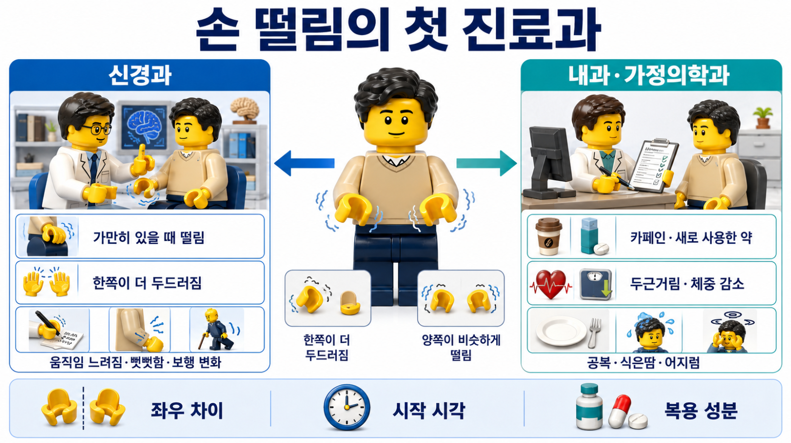 손 떨림 양상과 동반 증상에 따라 신경과 또는 내과·가정의학과 첫 진료를 비교한 안내 이미지