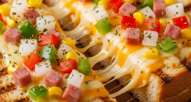 노릇하게 구워진 토스트 피자 두 조각이 접시에 담겨있다