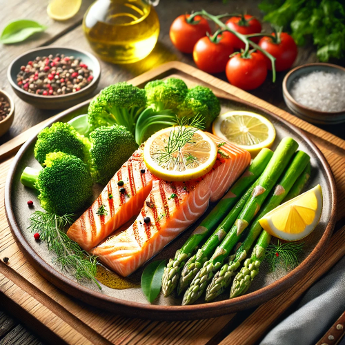 구운 연어 스테이크와 레몬 슬라이스, 허브로 장식된 건강한 식단. 아스파라거스, 브로콜리, 방울토마토와 함께 접시에 담긴 연어 요리로, 영양소와 신선함을 강조한 음식 이미지
