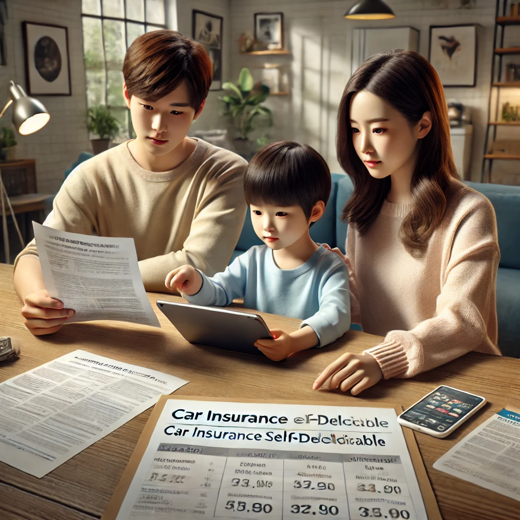 가정에서 보험 문서를 검토하며 자기부담금 옵션을 고려하는 가족. 부모는 진지한 표정으로 문서를 읽고 있으며&amp;#44; 옆에는 스마트폰과 메모 도구가 놓여 있음