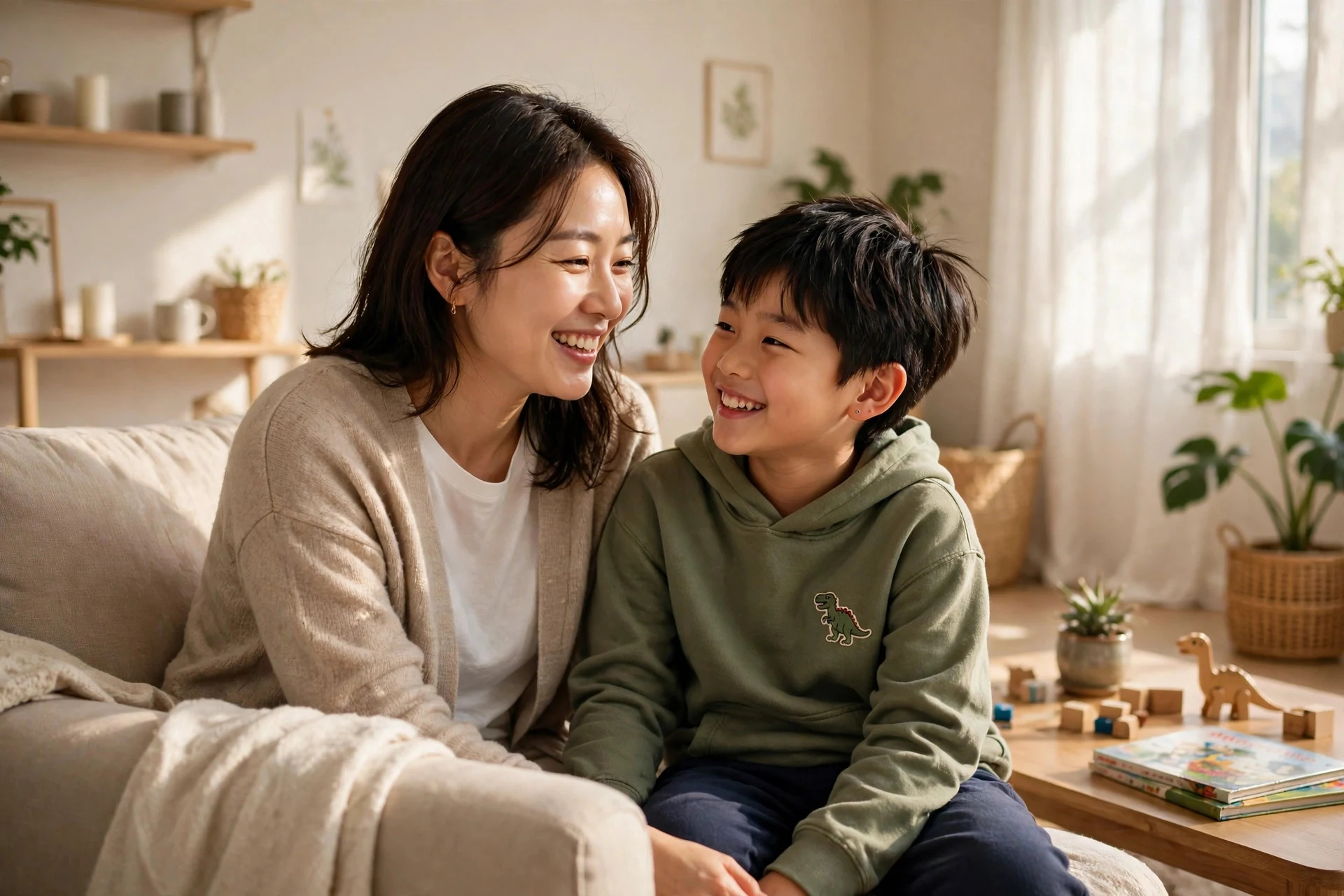 집에서 웃고 있는 엄마와 아이 사진