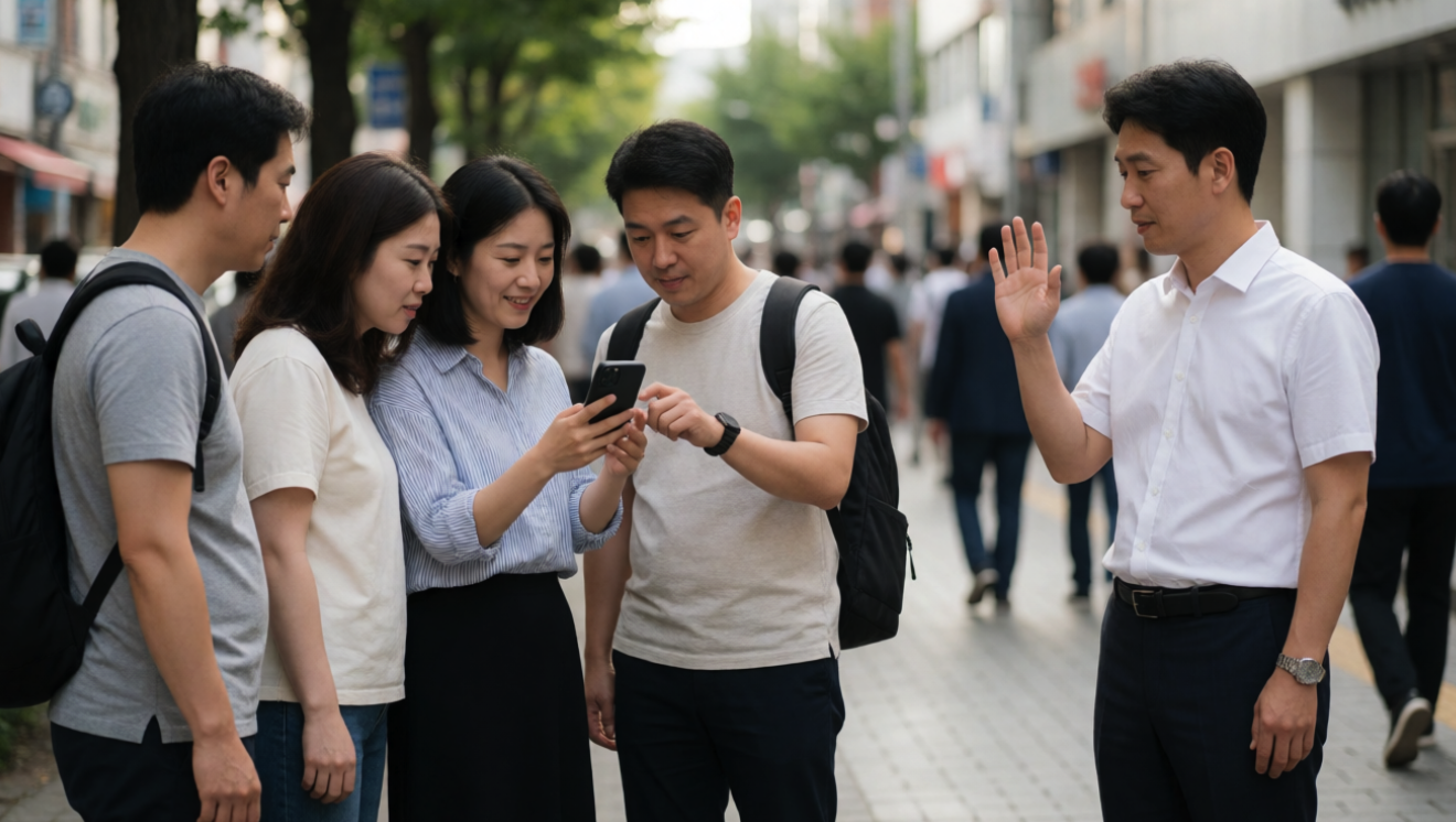 보행로에서 네 명이 휴대전화를 함께 보고 한 사람이 손을 들어 의사를 표현하는 모습
