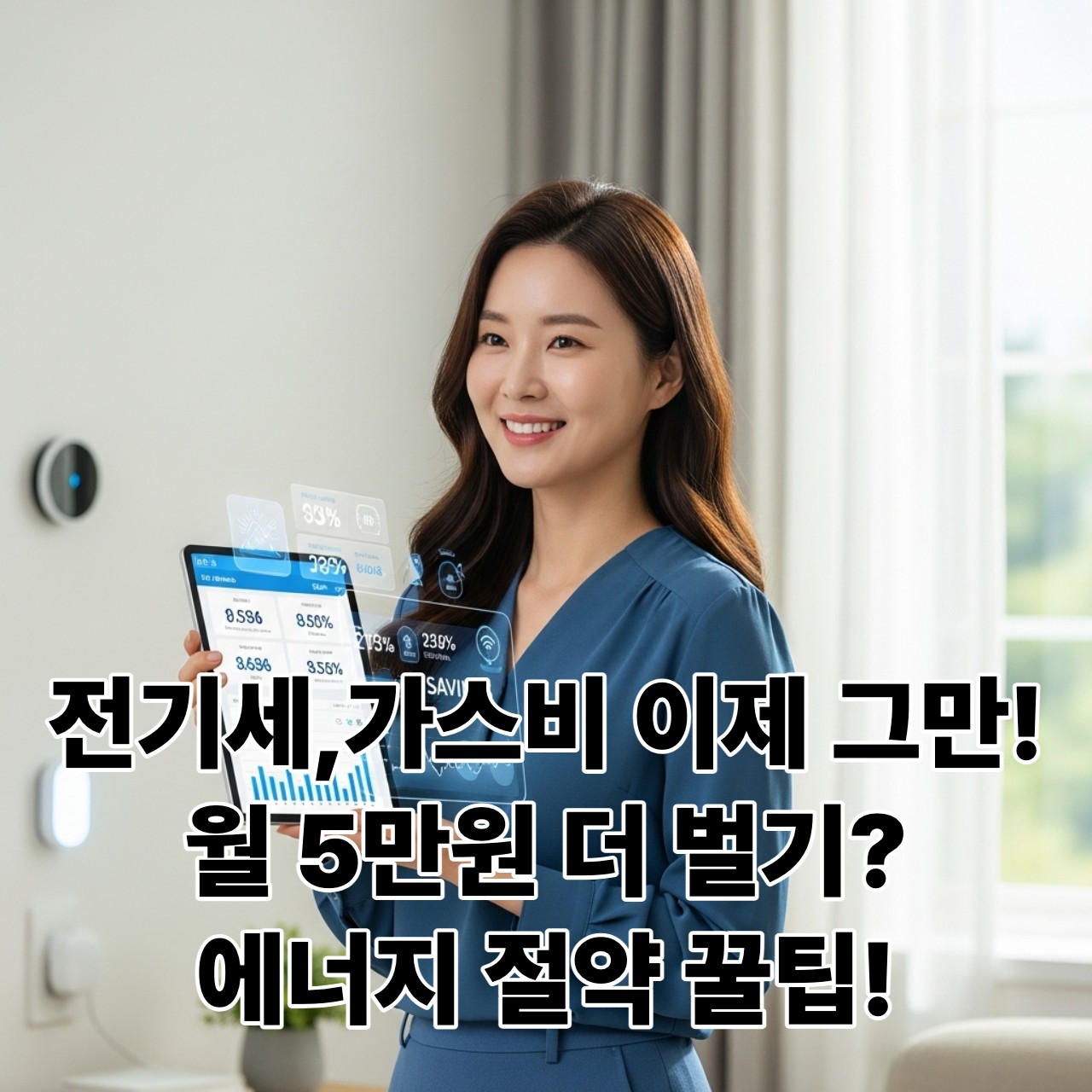 스마트 홈 기기와 태블릿을 이용해 가정 에너지 사용량을 관리하며 미소 짓는 한국인 여성.