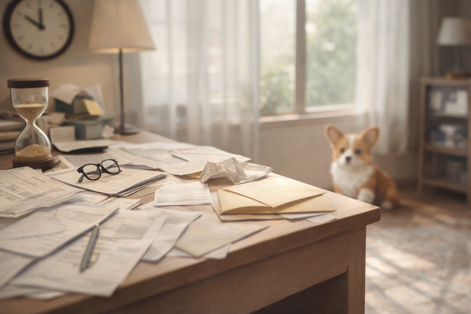 서류들로 어질러진 책상 이미지