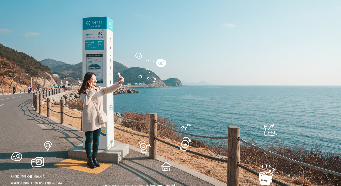 주문진 BTS 버스정류장에서 사진을 찍는 한국인 여성.