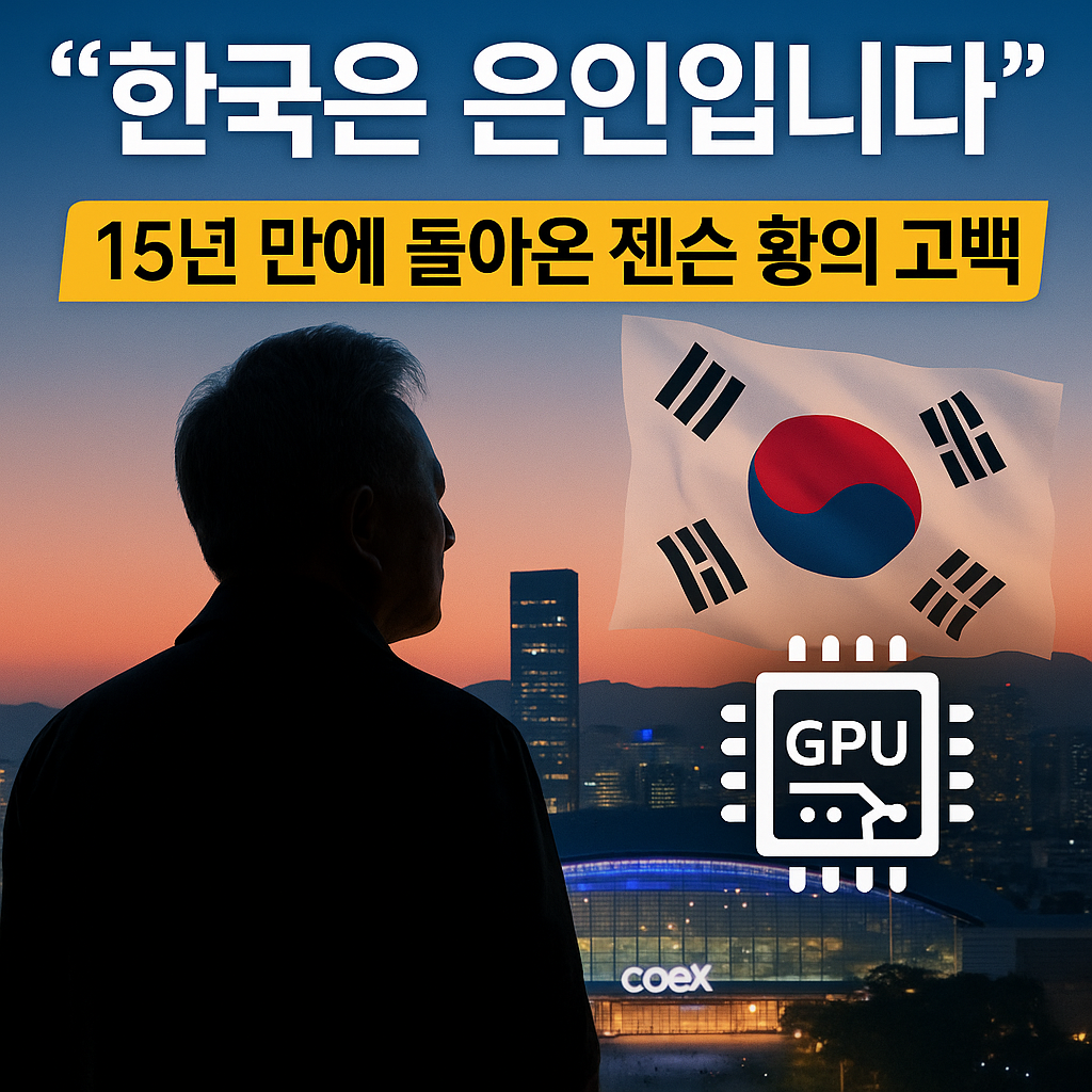 엔비디아 CEO 젠슨 황이 한국을 공식 방문하며 강연하는 장면을 상징한 이미지