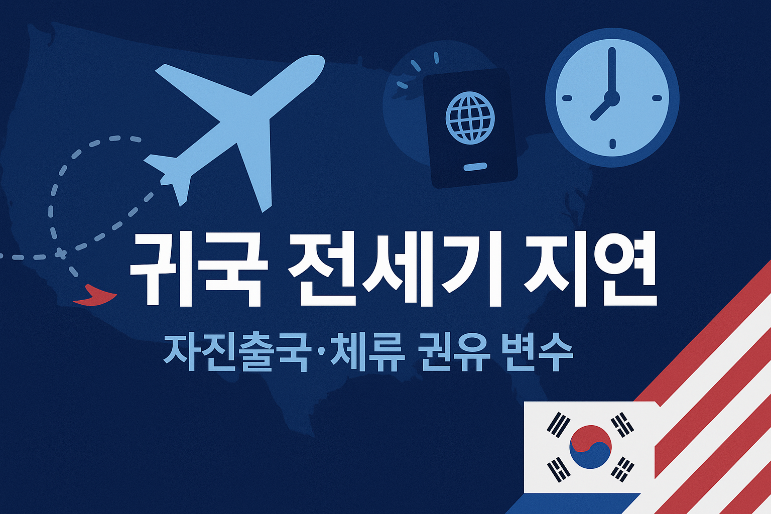 짙은 남청색 배경 위 미국 지도가 희미하게 깔리고, 점선 비행 경로와 비행기 아이콘, 시계·여권 아이콘이 보인다. 중앙에는 ‘귀국 전세기 지연’이라는 굵은 한글 문구, 하단에는 ‘자진출국·체류 권유 변수’ 보조 문구가 들어가며, 우측 아래 한국·미국 요소를 최소화해 배치한 16:9 뉴스용 썸네일.