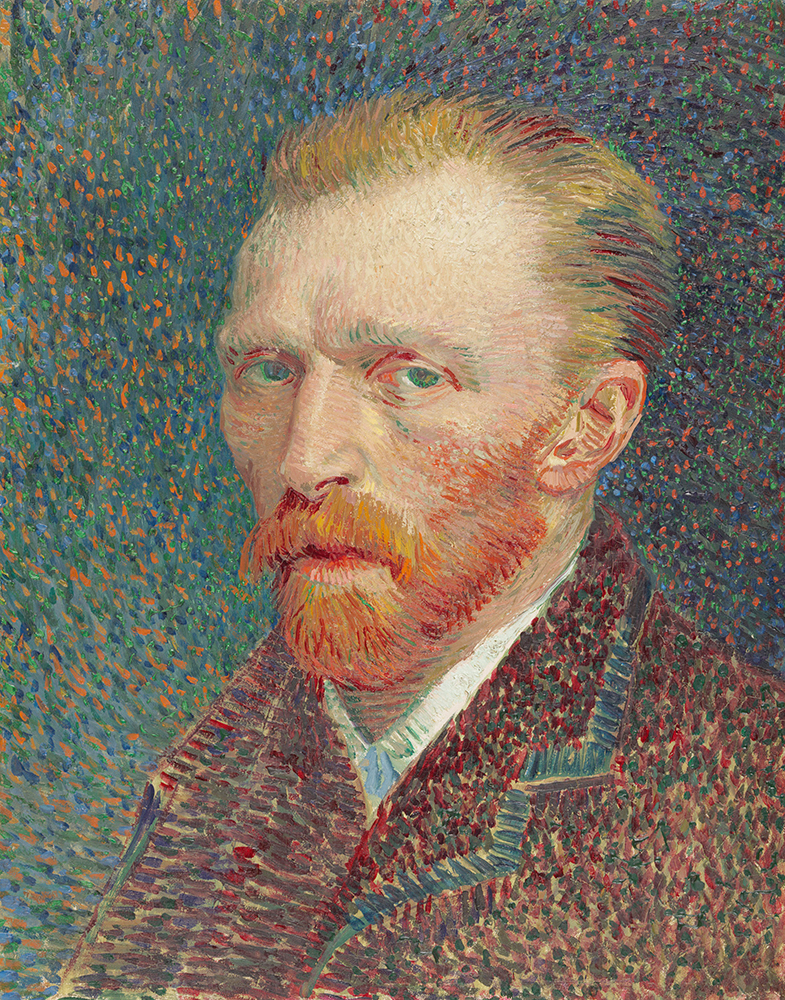 반 고흐 자화상, 1887년 작품. 점묘적 기법으로 짧고 정교한 붓질을 사용해 표현한 자화상